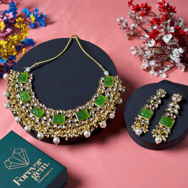 Pearl, Beads And Mosaic Carved Kundan Necklace