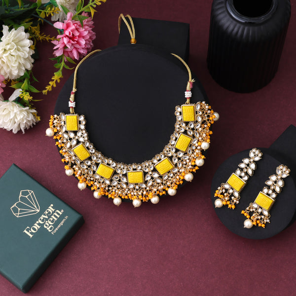 Pearl, Beads And Mosaic Carved Kundan Necklace